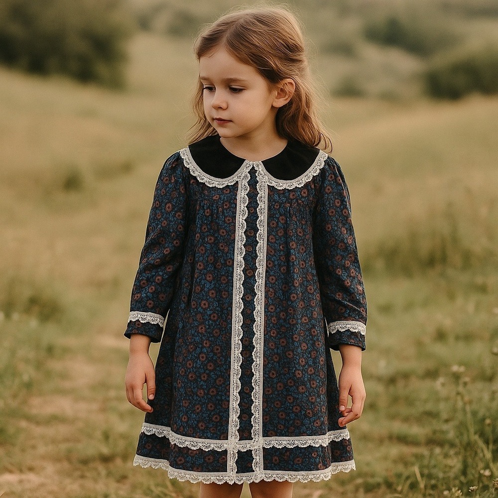 Vintage Gunne Sax Jessica McClintock Girls 5 Dress Floral‎ Lace Velvet Collar